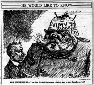 Cartoon depicting the German Kiaser after the battle of Vimy Ridge. Victoria Daily Times 07 May 1917, Page 03.