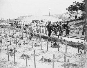 Funeral procession of Nursing Sister Gladys Wake. Gladys Wake was an Esquimalt resident and graduate of the Royal Jubilee Hospital School of Nursing. She died of wounds recieved in the bombing of No.1 Candain General Hospital, Etaples, France, 19 May 1918. Photograph courtesy of Canada. Dept. of National Defence, Library and Archives Canada.