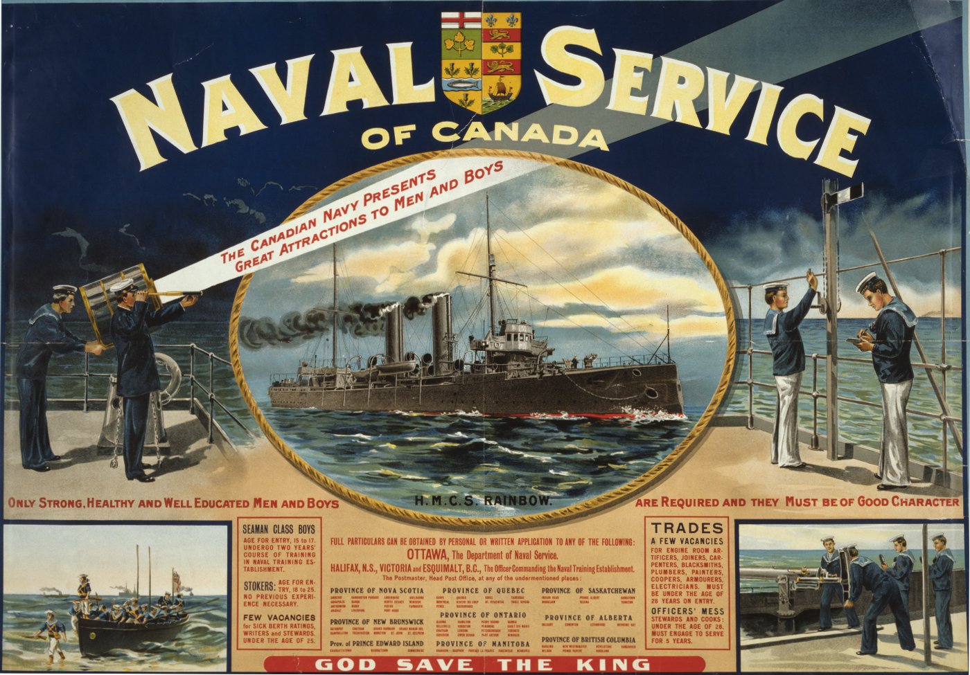 A recruiting poster for the Naval Service of Canada, featuring the HMCS Rainbow. Courtesy of the Library of Congress Prints and Photographs Division.