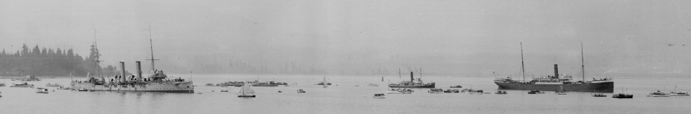 The HMCS Rainbow (left) and the SS Komagata Maru in Vancouver Harbor. Courtesy of the City of Vancouver Archives.