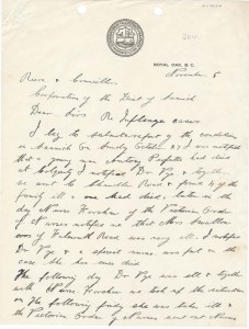 Letter to the Saanich Council reporting on Spanish Flu Cases. Image Courtesy of Saanich Archives, Clerk's Letters CLE320-009-06a-c. Date: 5 Nov 1916